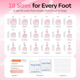 Faux ongles de pieds courts rose, présentation des tailles