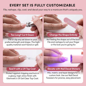 Faux ongles Glamnetic posés sur une main féminine