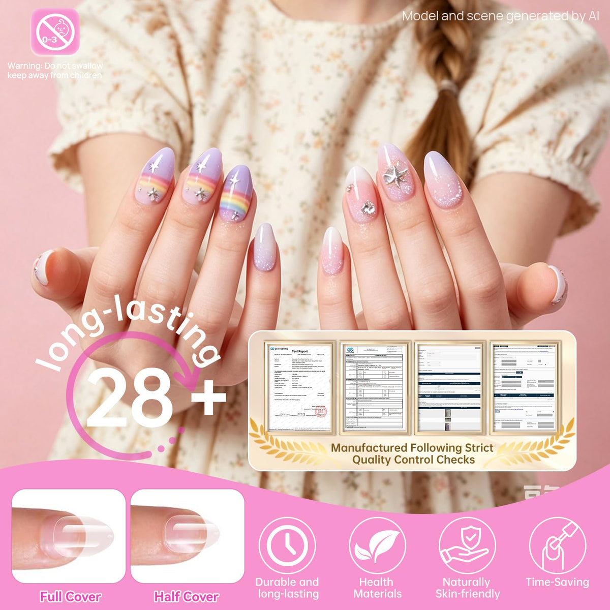 Faux ongles krofaue en gel doux adaptés aux jeunes filles