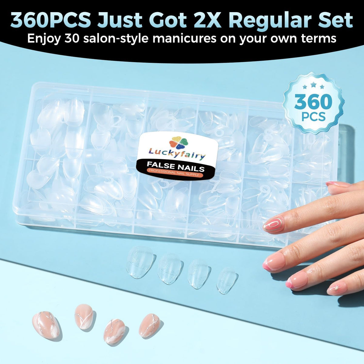 Faux ongles Luckyfairy extra courts à côté d'outils de manucure