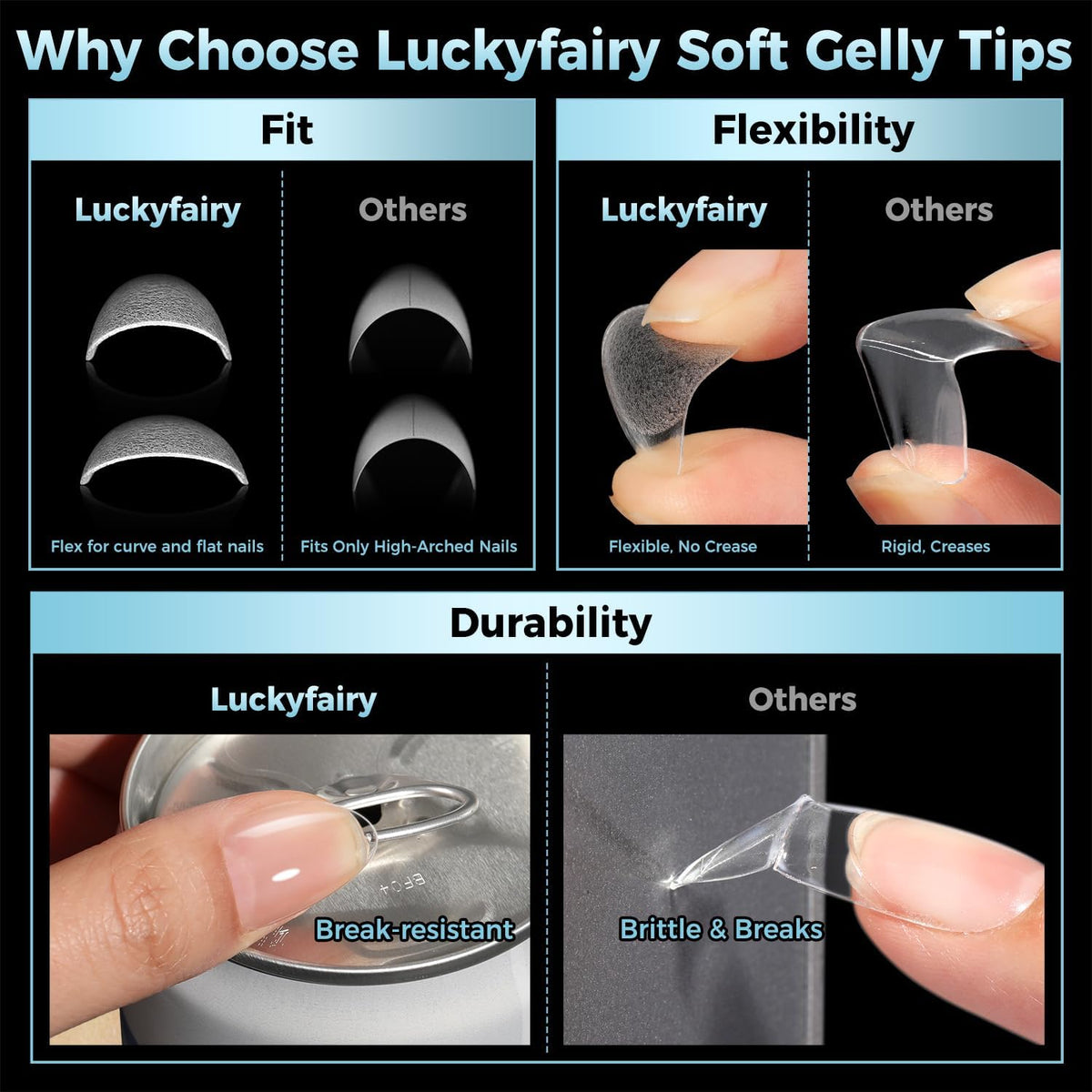 Faux ongles Luckyfairy extra courts dans leur boîte, vue de dessus