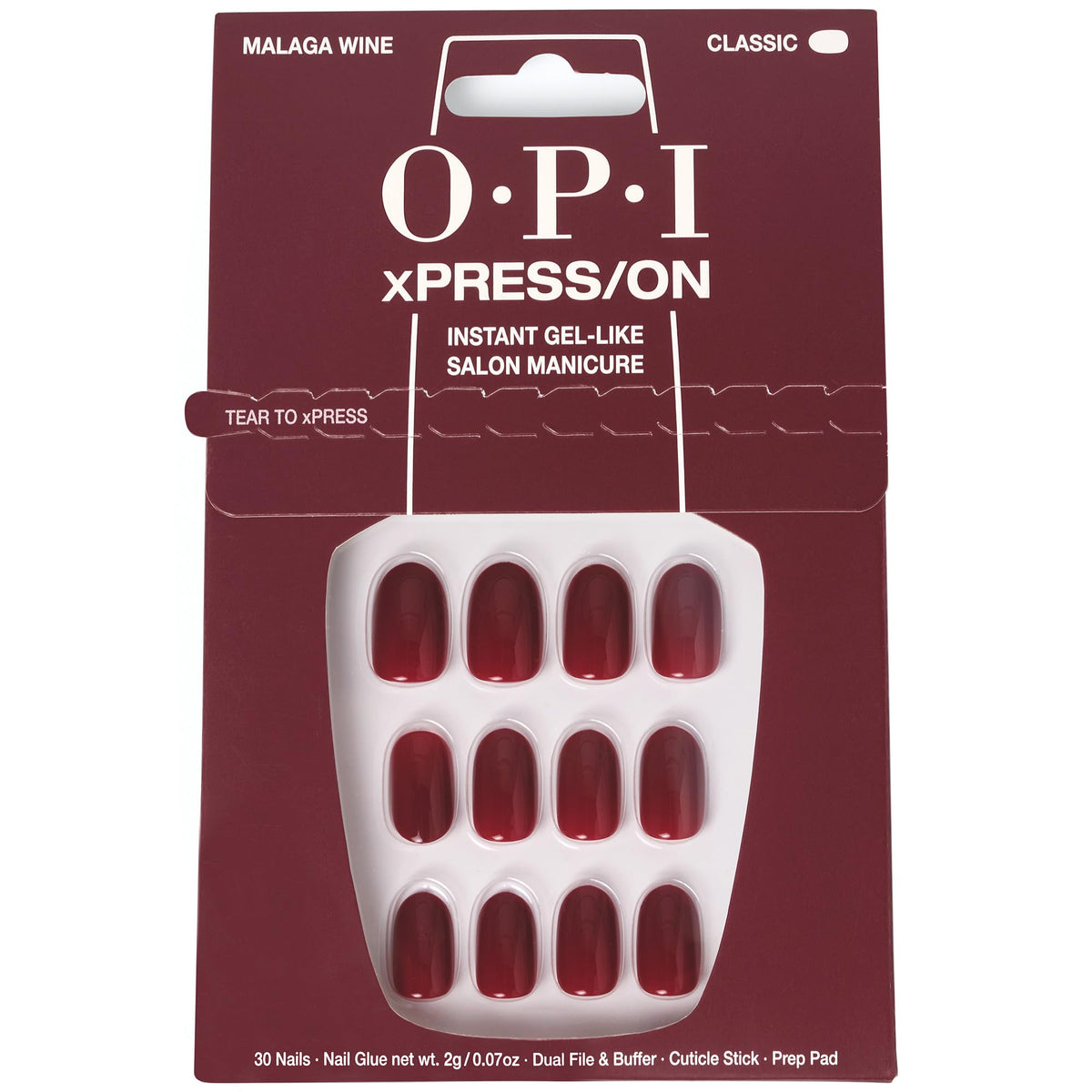 Faux ongles OPI xPRESS/ON Malaga Wine modèle rouge foncé, vue de face