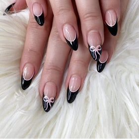 Faux Ongles Press On Amande HPYFOI Noir avec Nœud - vue avant