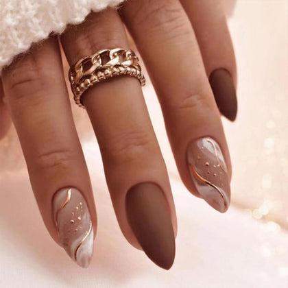 Faux ongles press on FJSMTOPl marron mat vue de face avec emballage