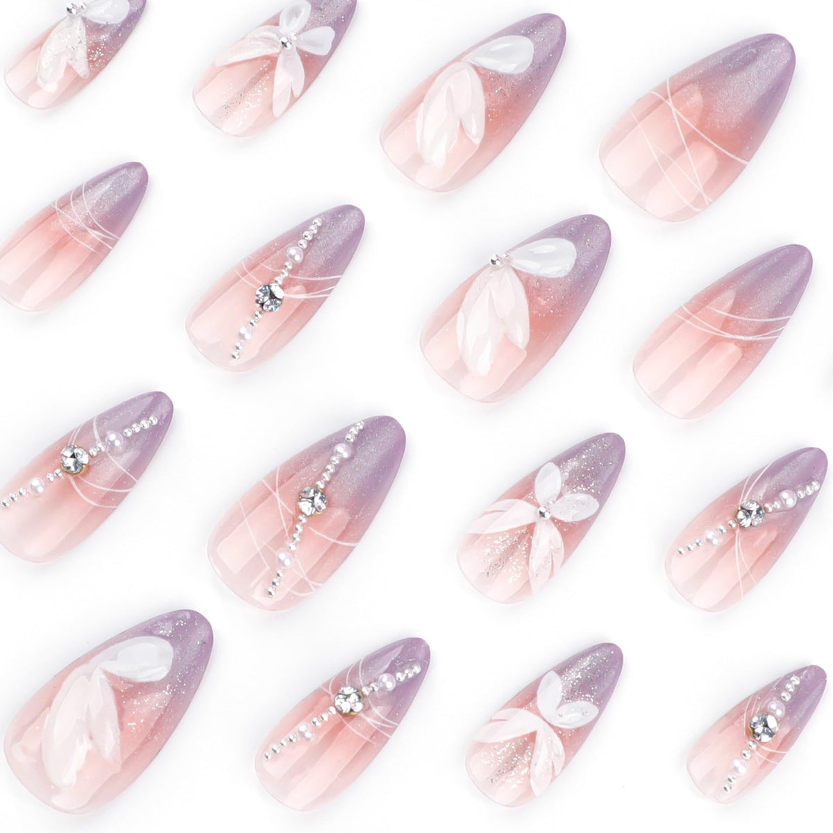 Faux ongles press-on violet avec strass, présentation de l'ensemble