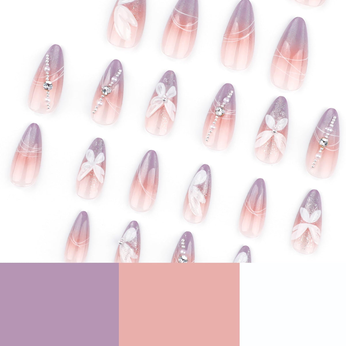 Faux ongles press-on violet, vue latérale avec accessoires inclus