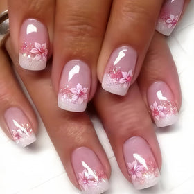 Faux ongles pressés carrés roses avec fleurs - vue avant
