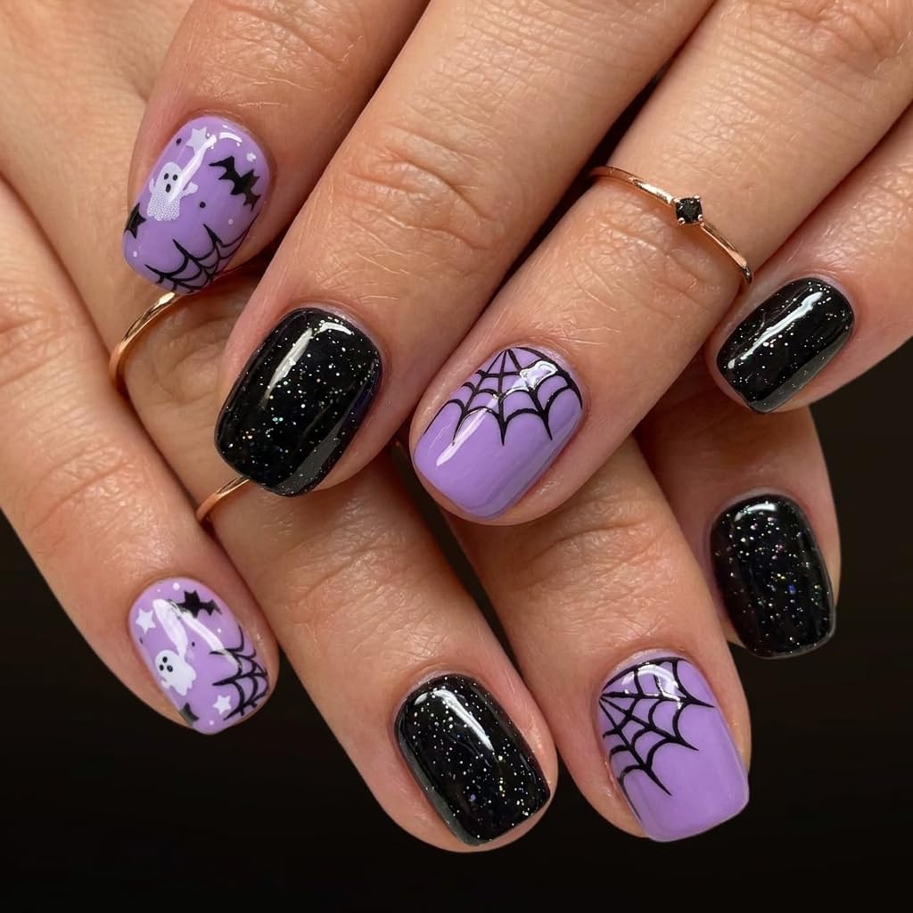 Faux ongles pressés CurvLife Halloween noir avec finition gel