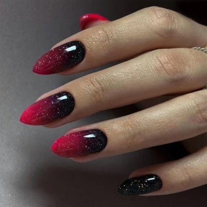 Faux ongles pressés FJSMTOPl amande rouge noir, vue de face