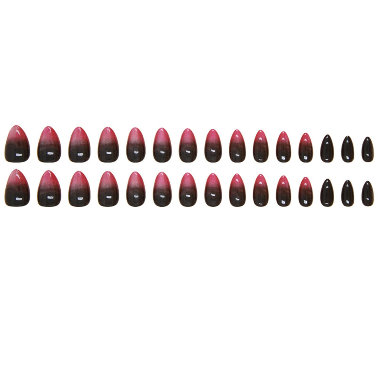 Faux ongles pressés FJSMTOPl en amande rouge noir, présentation sur fond blanc