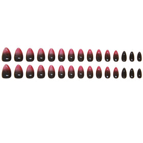 Faux ongles pressés FJSMTOPl en amande rouge noir, présentation sur fond blanc