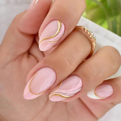 Faux ongles pressés FJSMTOPl rose avec paillettes dorées vue de face