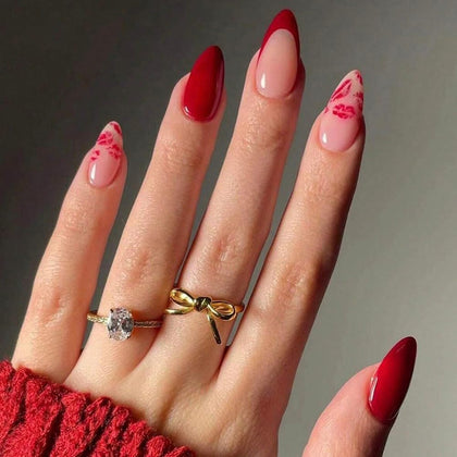 Faux ongles pressés rouges FJSMTOPl avec design amande