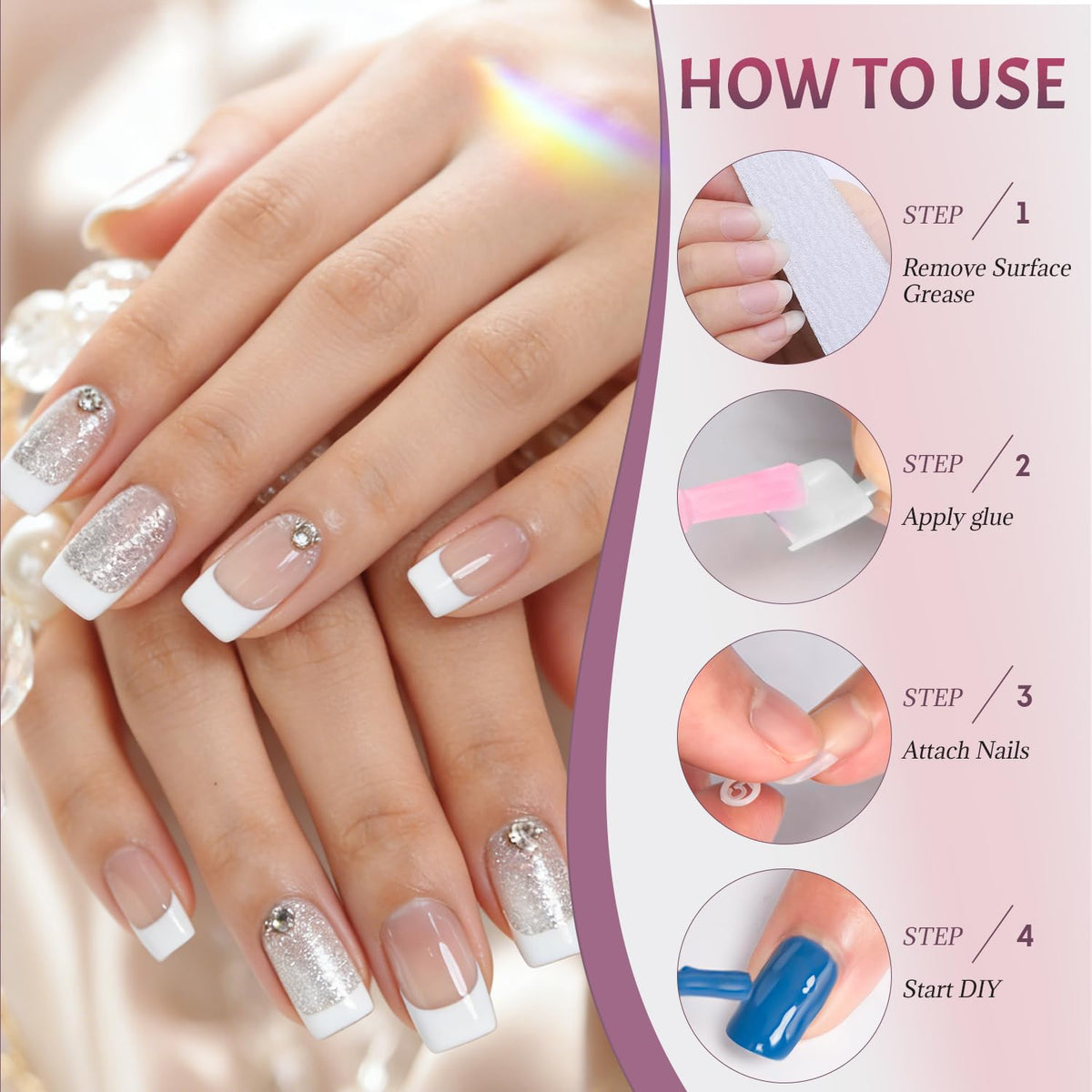 Faux ongles ranrose sur des mains féminines, look naturel