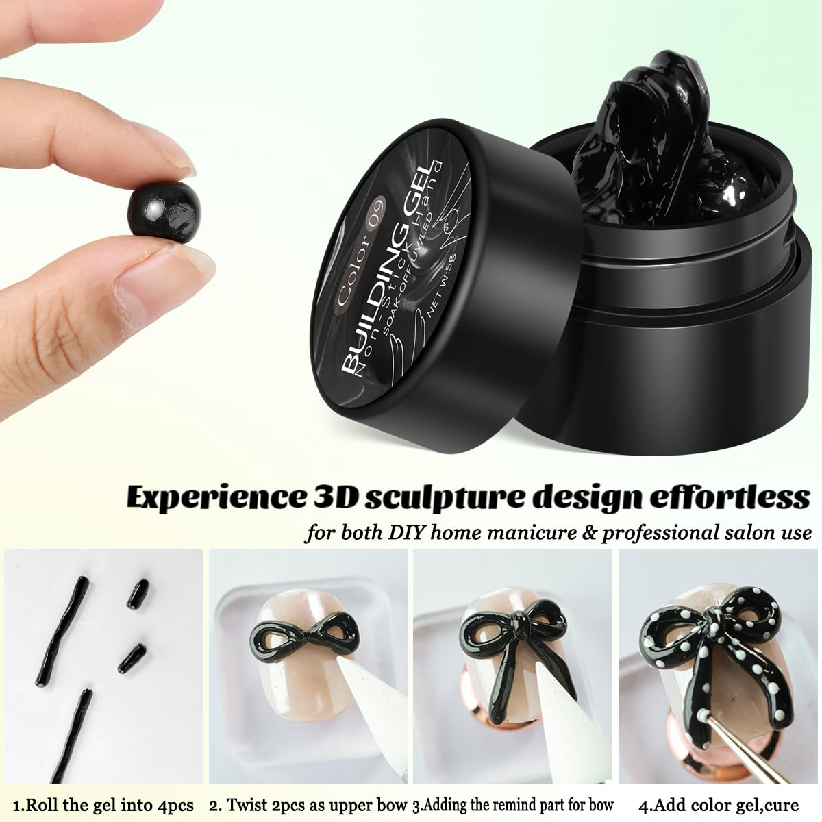 Fcozpjk Gel de Construction 3D Noir application sur ongles
