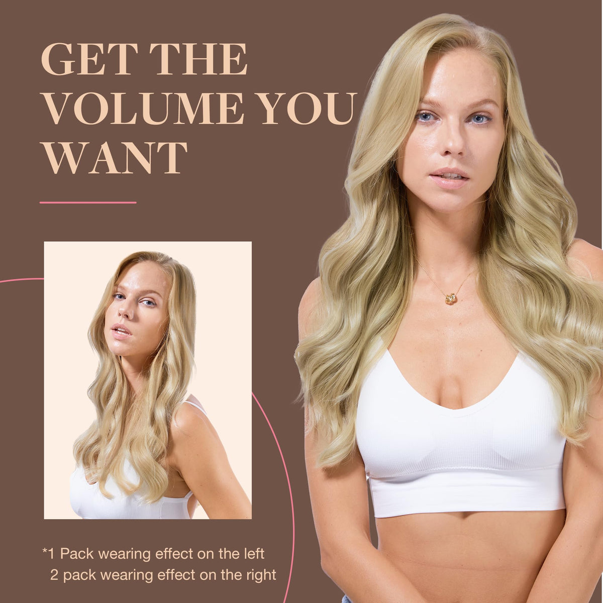 Femme souriante portant les extensions capillaires GOO GOO, avant et après