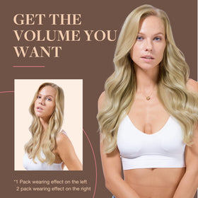 Femme souriante portant les extensions capillaires GOO GOO, avant et après