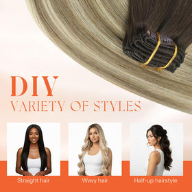 Femme utilisant des outils chauffants sur les extensions Sunny Hair