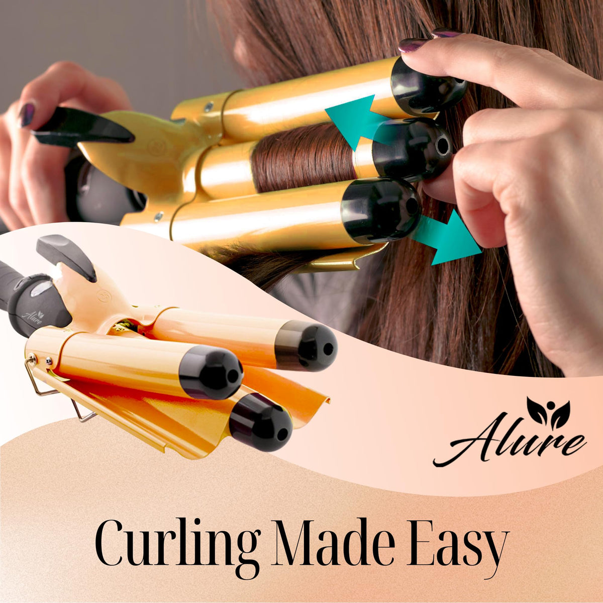 Fer à friser Alure en utilisation sur des cheveux longs
