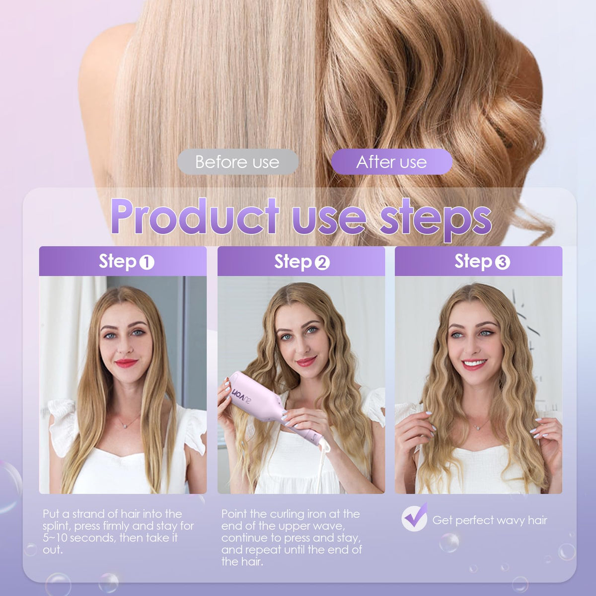 Fer à friser NOVUS 1,25 pouces en utilisation avec cheveux ondulés