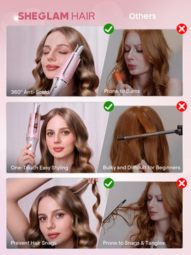 Fer à friser SHEGLAM rose avec accessoires sur fond blanc