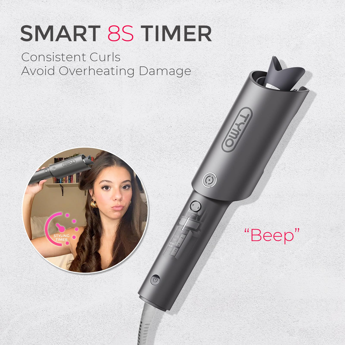 Fer à friser TYMO utilisé sur des cheveux longs