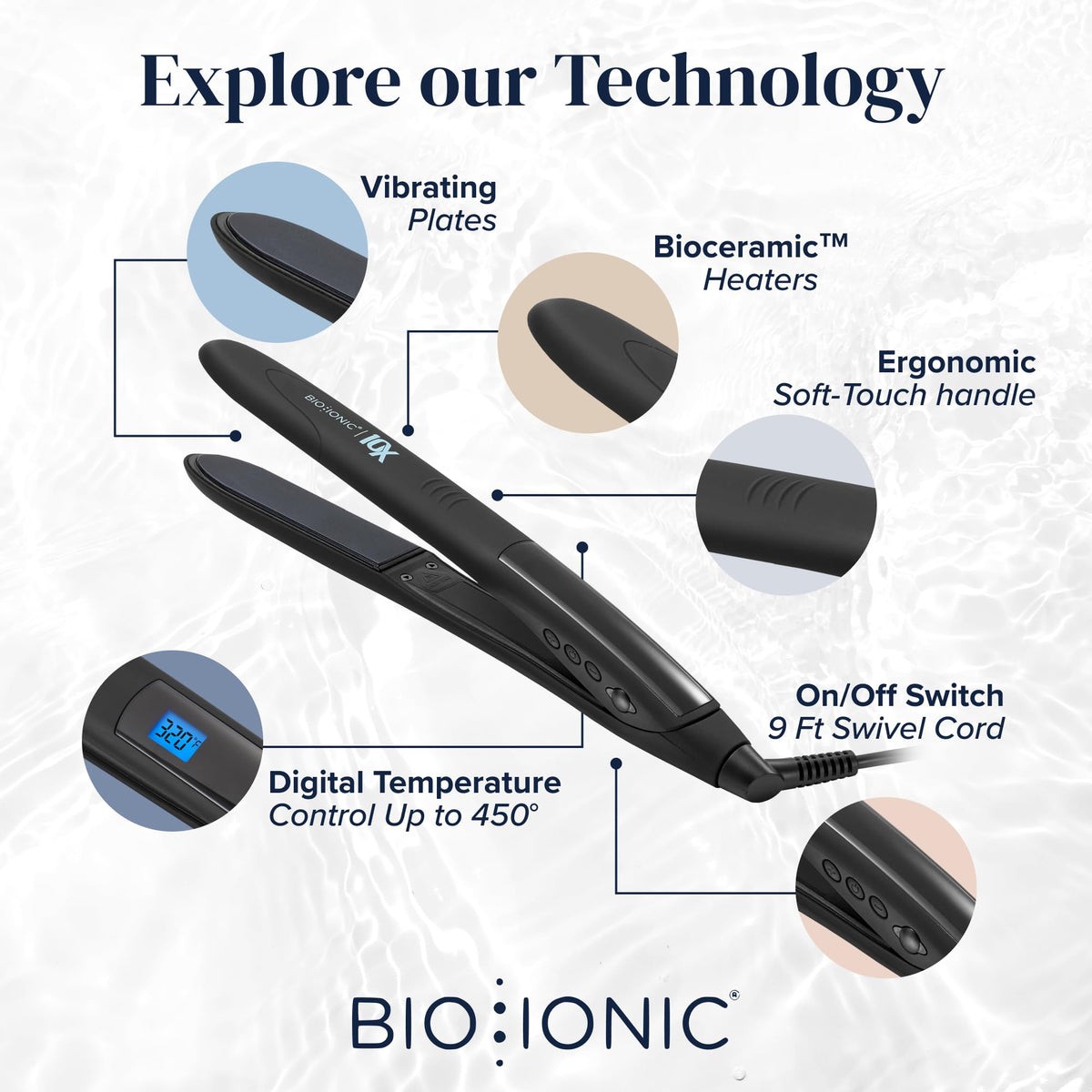 Fer à lisser BIO IONIC 10X en action sur des cheveux lisses