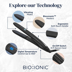 Fer à lisser BIO IONIC 10X en action sur des cheveux lisses