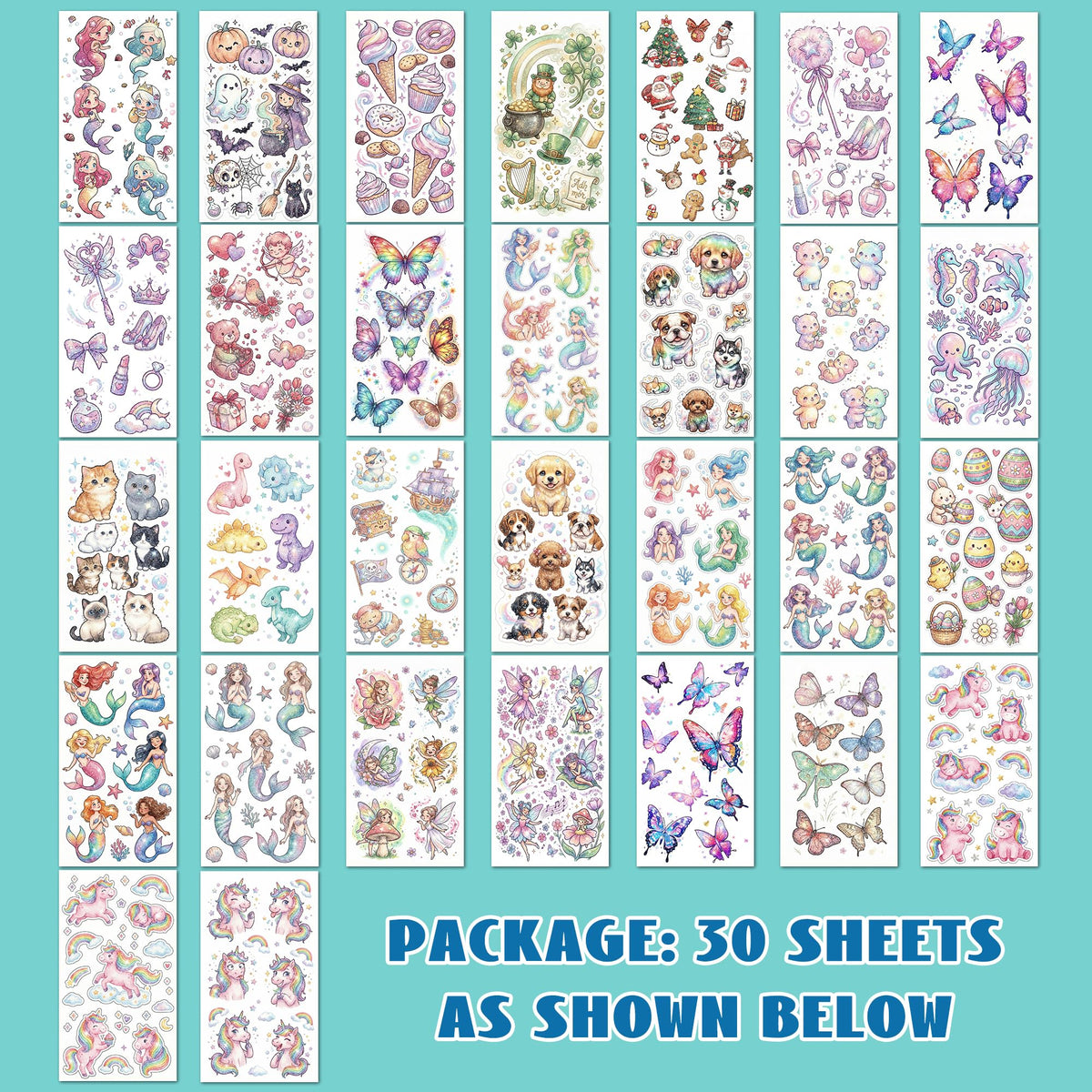 Feuille de tatouages temporaires paillettes pour enfants, design varié