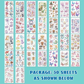 Feuille de tatouages temporaires paillettes pour enfants, design varié