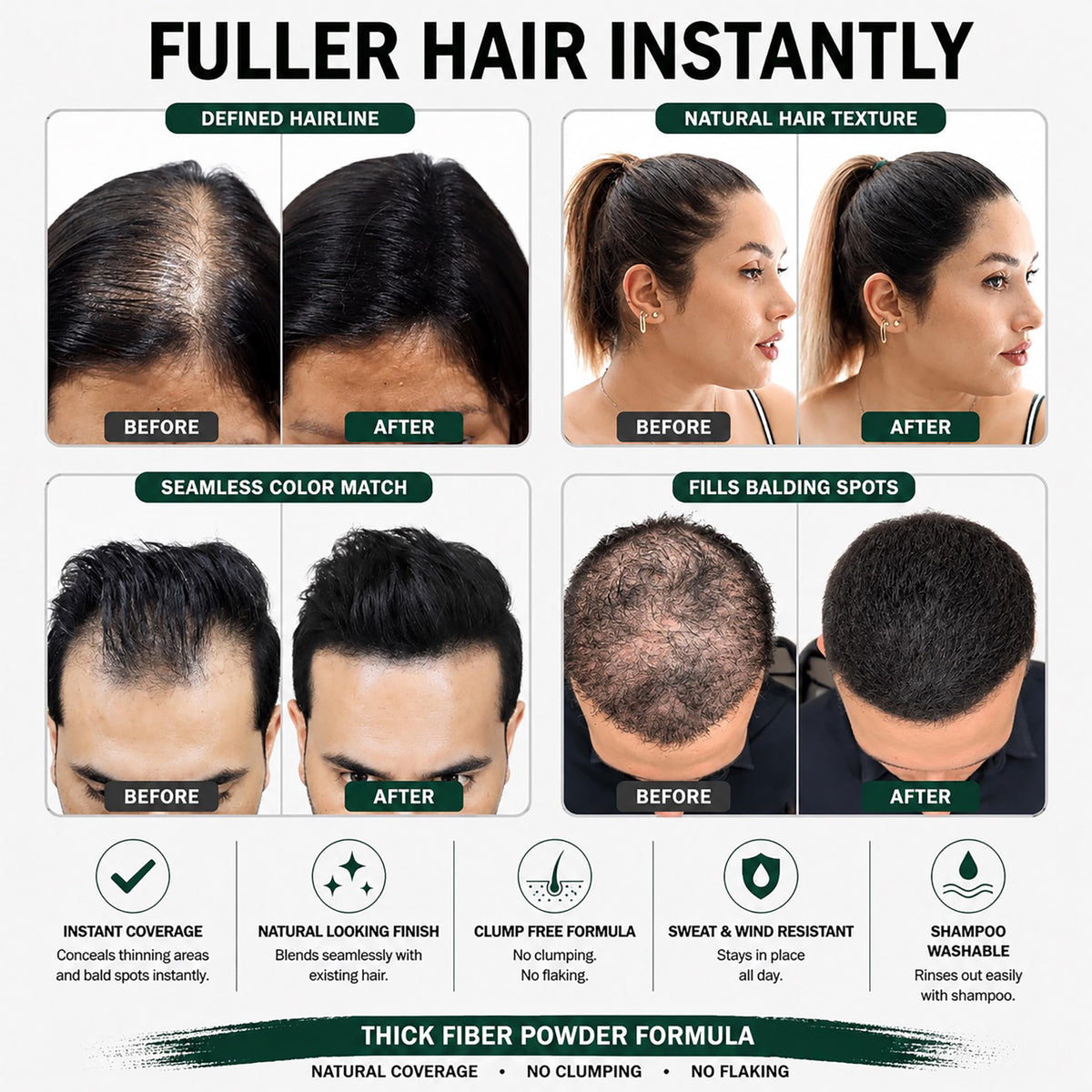Fibres capillaires Thick Fiber sur des cheveux avant et après application