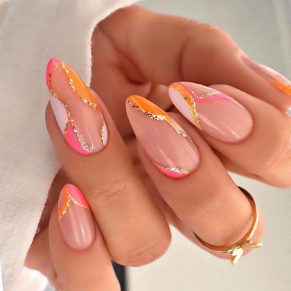 FJSMTOPl faux ongles press on orange avec design étoilé