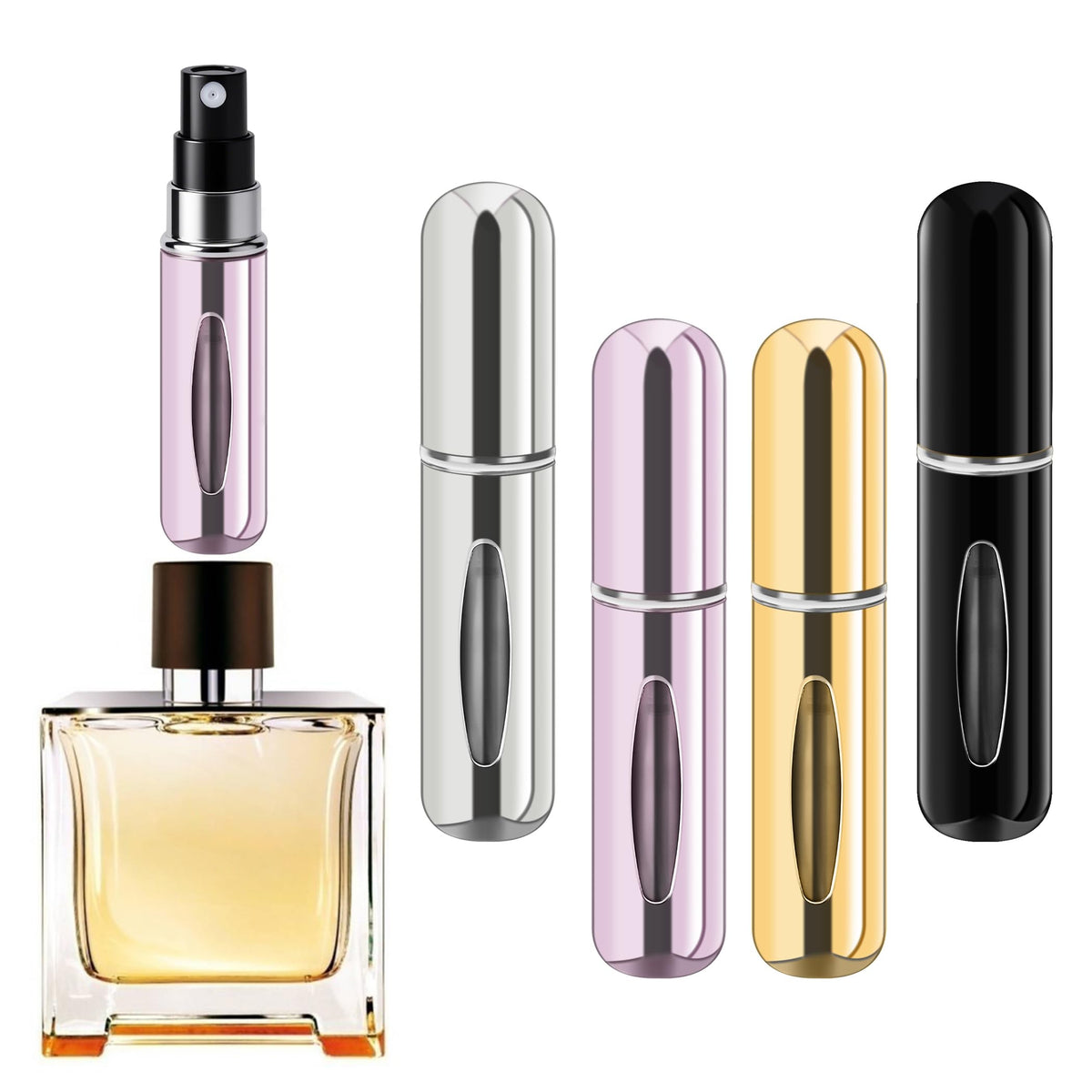 Flacon atomiseur rechargeable forebile en argent, vue de face