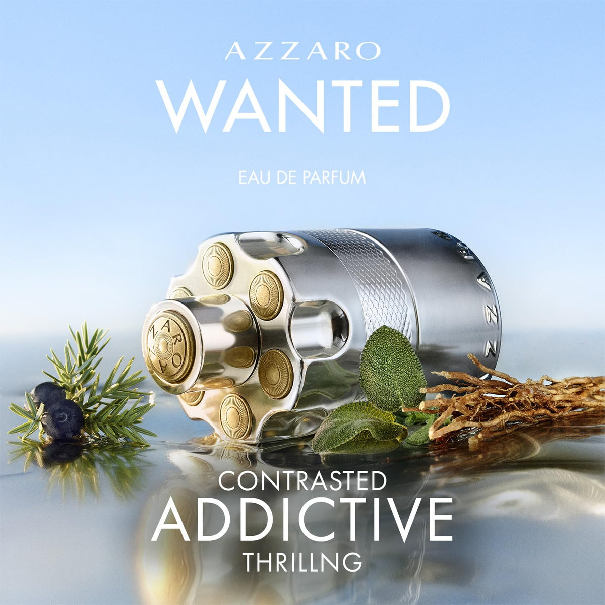 Flacon Azzaro Wanted avec une vue latérale mettant en avant la texture