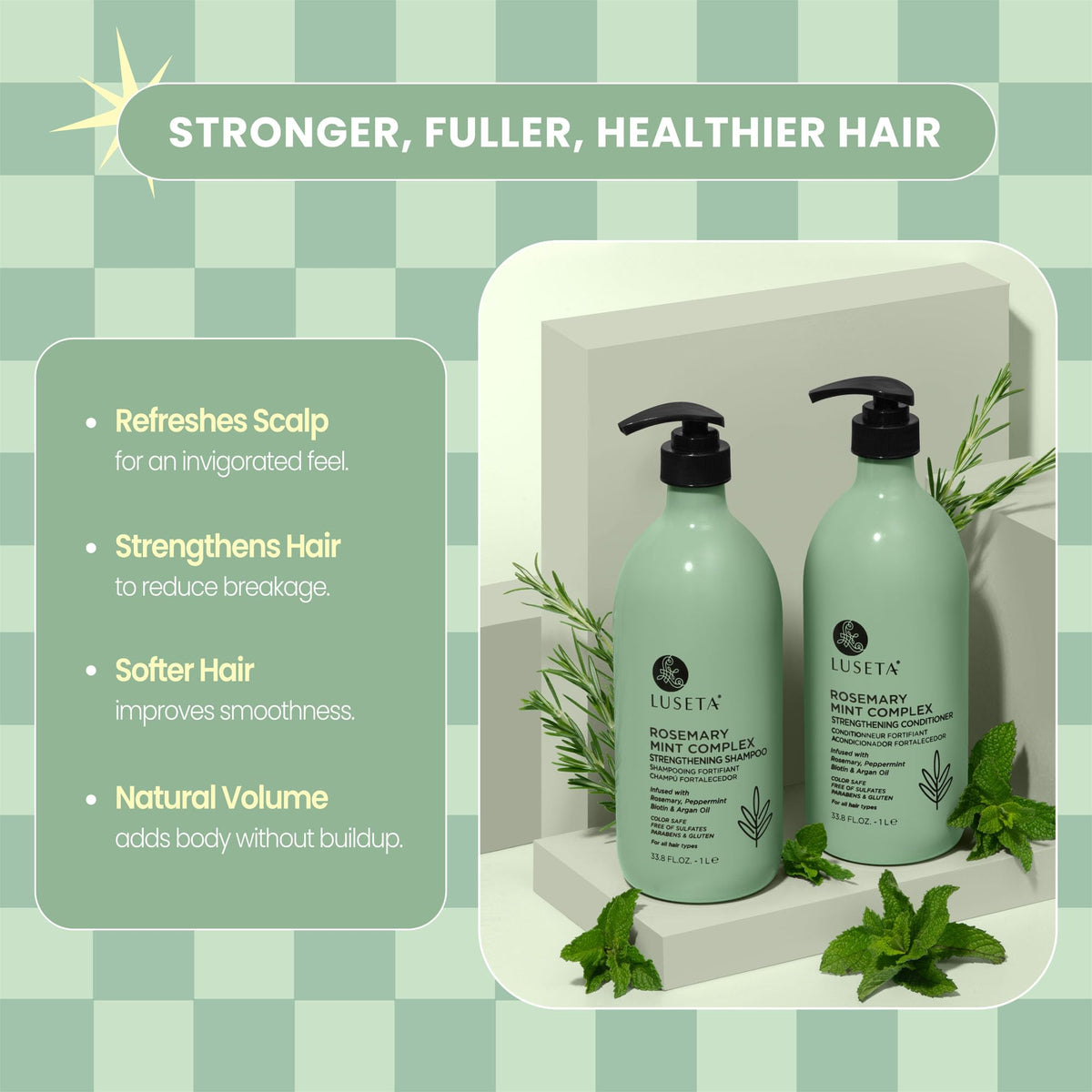 Flacon d'après-shampooing L LUSETA avec pompe et étiquette romarin-menthe