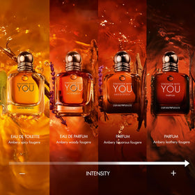 Flacon d'Armani Beauty Stronger With You sur une table en bois