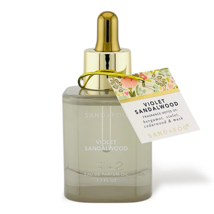 Flacon d'Eau de Parfum Sand + Fog Violet Sandalwood 50ml vue avant avec applicateur compte-gouttes