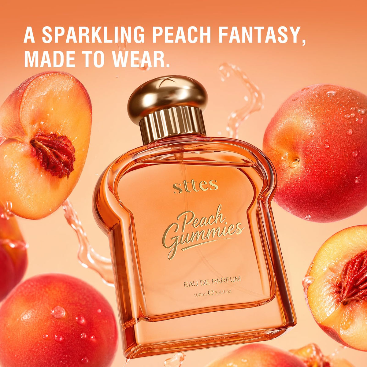 Flacon d'Eau de Parfum Sttes Peach Gummies 100ml sur un fond coloré