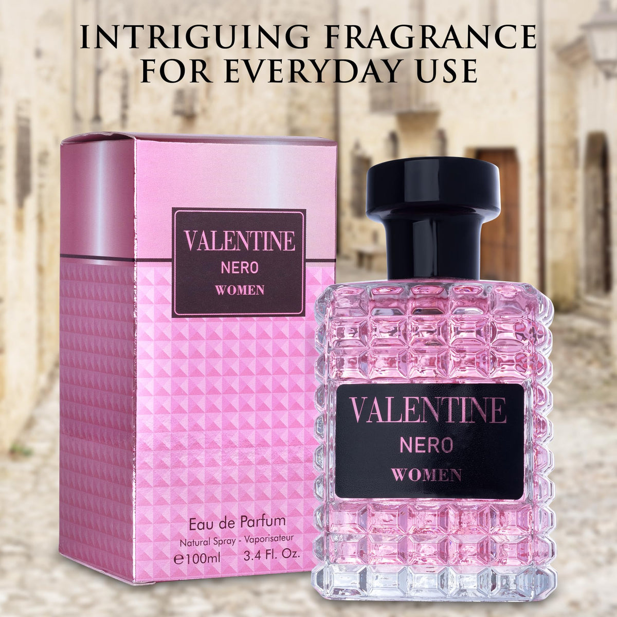 Flacon d'Eau de Parfum Valentine posé sur une table en bois