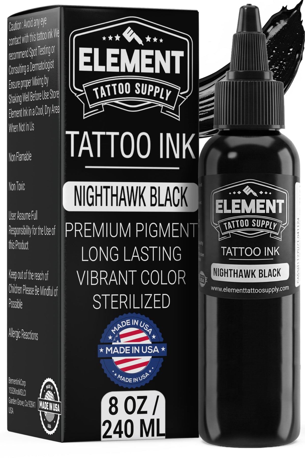 Flacon d'encre noire Nighthawk 8oz d'Element Tattoo Supply, vue de face