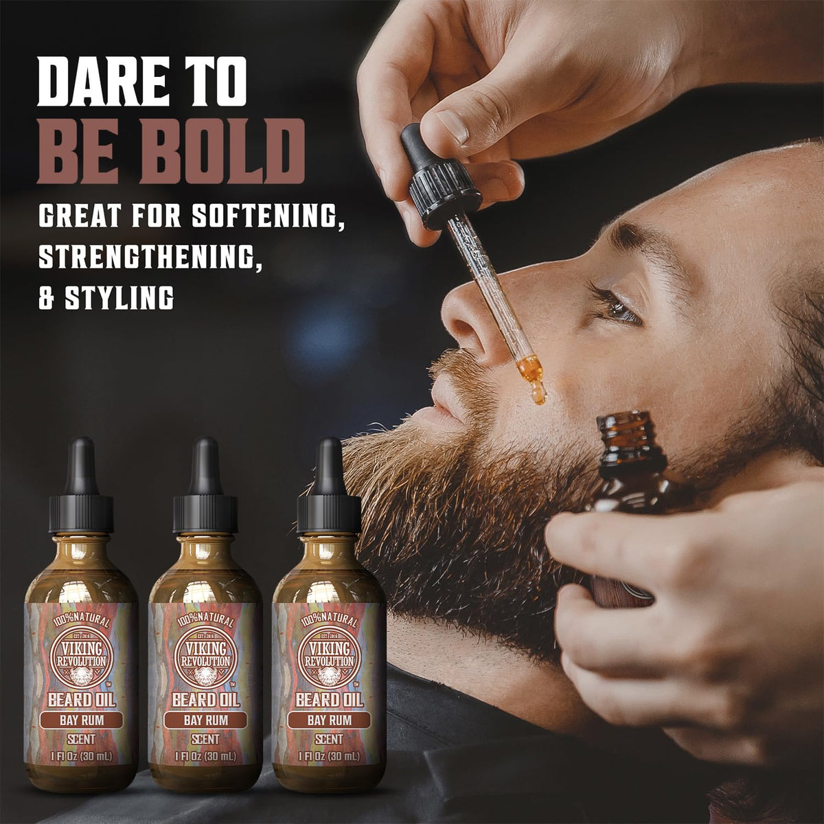 Flacon d'huile à barbe Viking Revolution avec étiquette visible