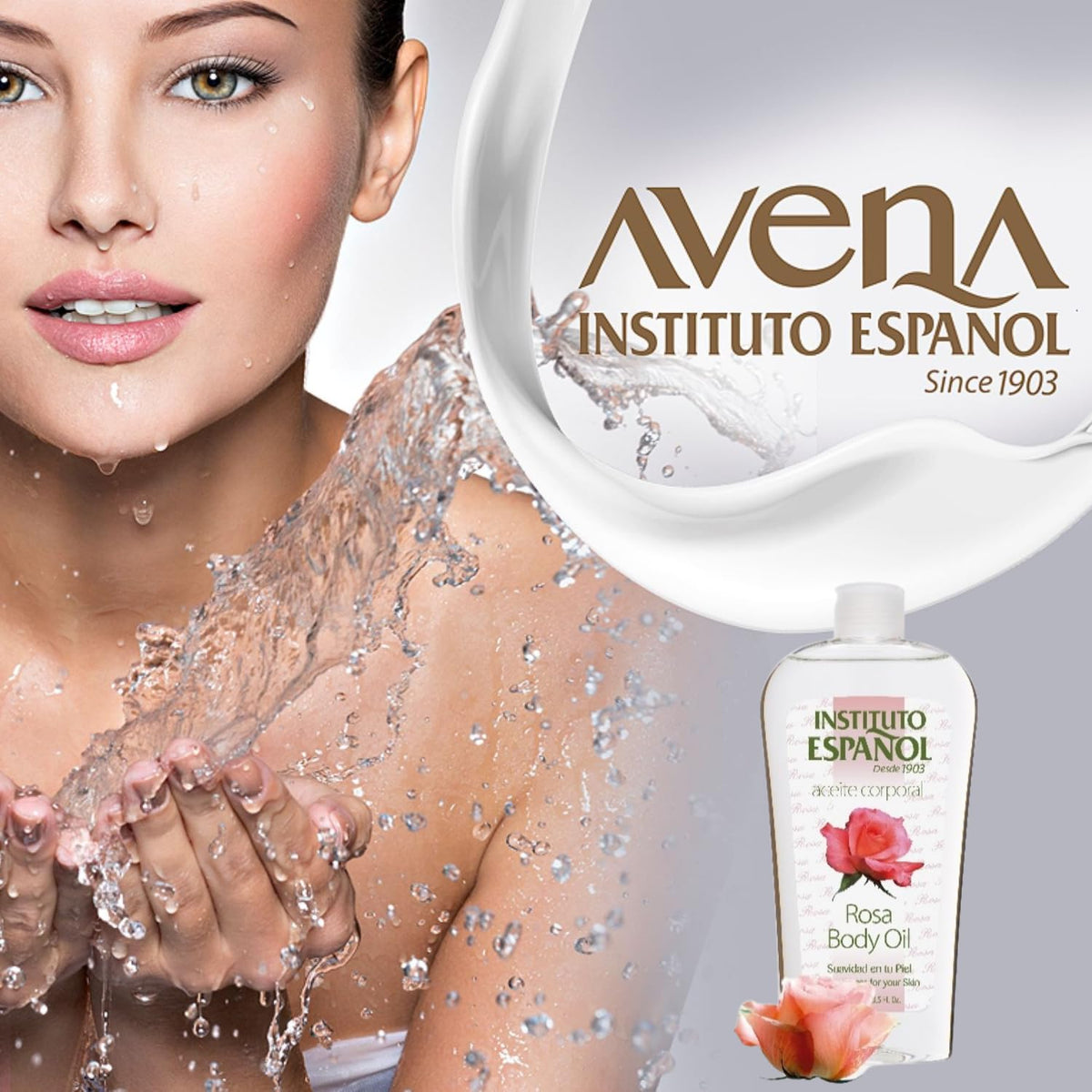 Flacon d'huile corporelle Rosa Instituto Español avec étiquette