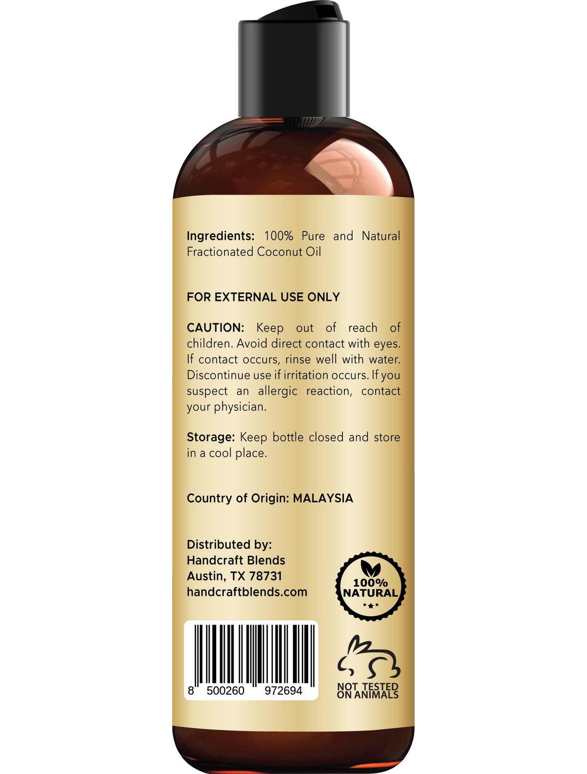 Flacon d'huile de coco fractionnée Handcraft Blends avec bouchon ouvert