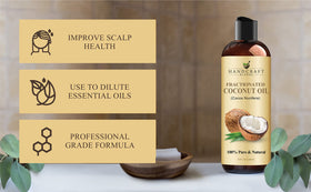 Flacon d'huile de coco fractionnée Handcraft Blends sur une surface en bois