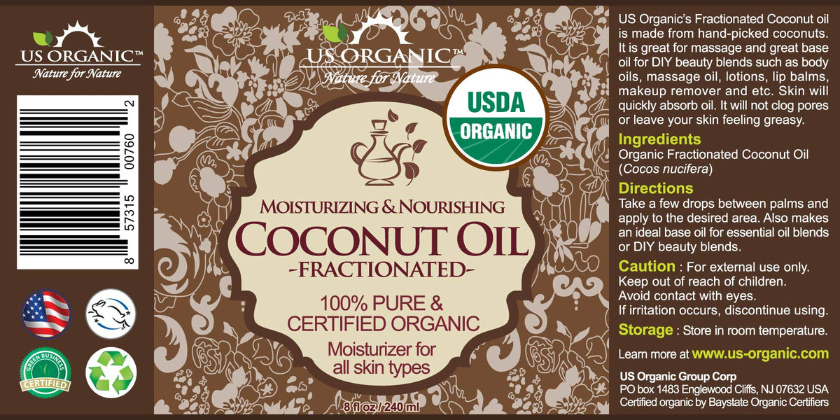 Flacon d'huile de coco fractionnée US Organic avec étiquette