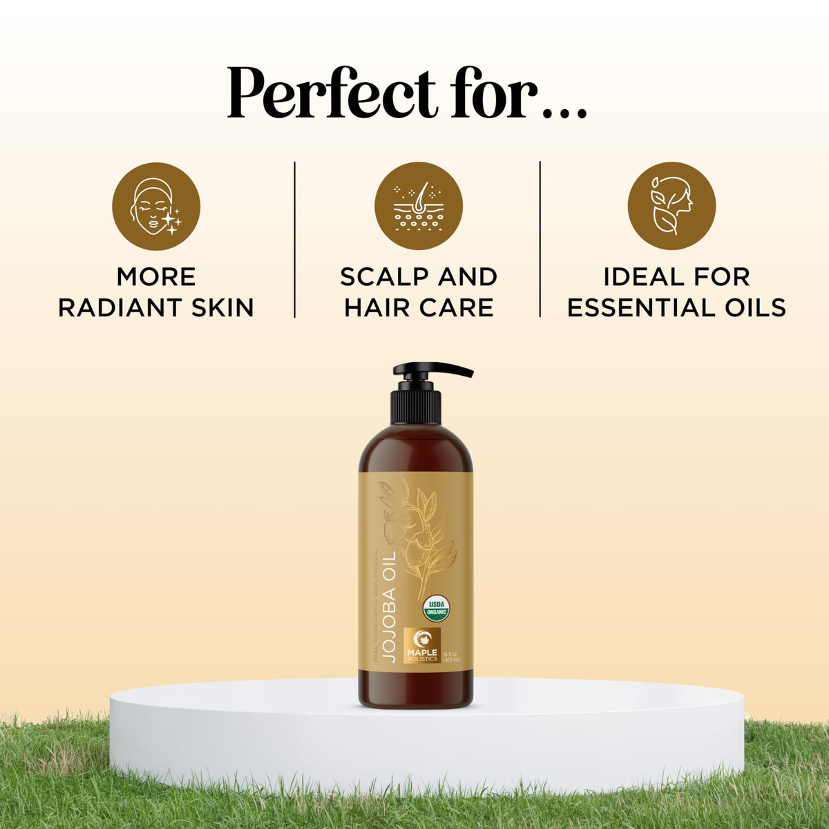 Flacon d'huile de jojoba bio avec des ingrédients naturels en arrière-plan