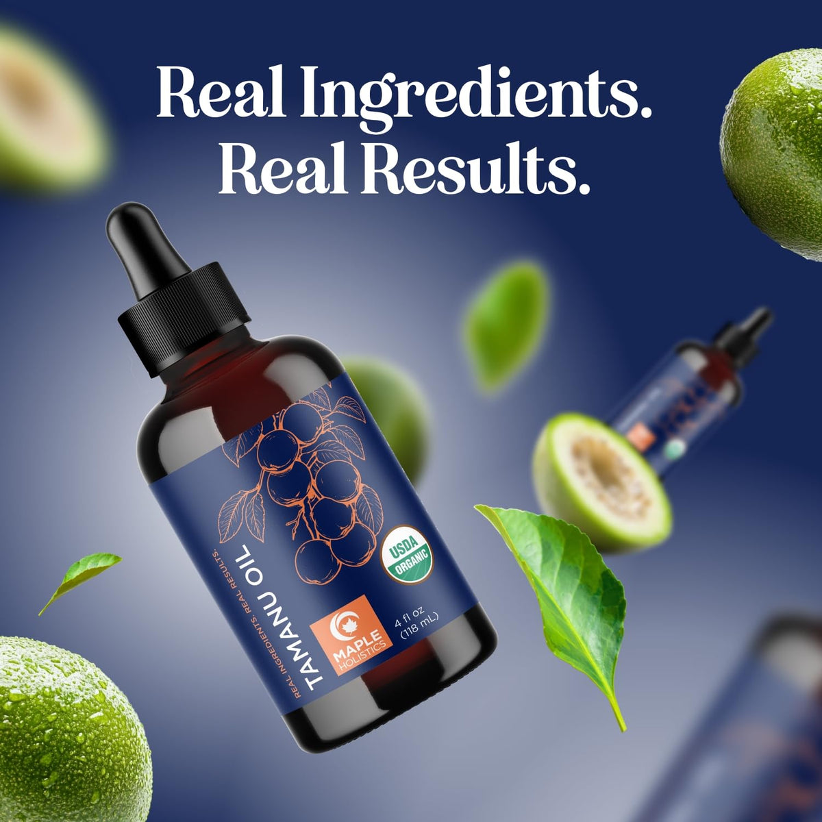 Flacon d'huile de tamanu bio Maple Holistics dans un cadre naturel