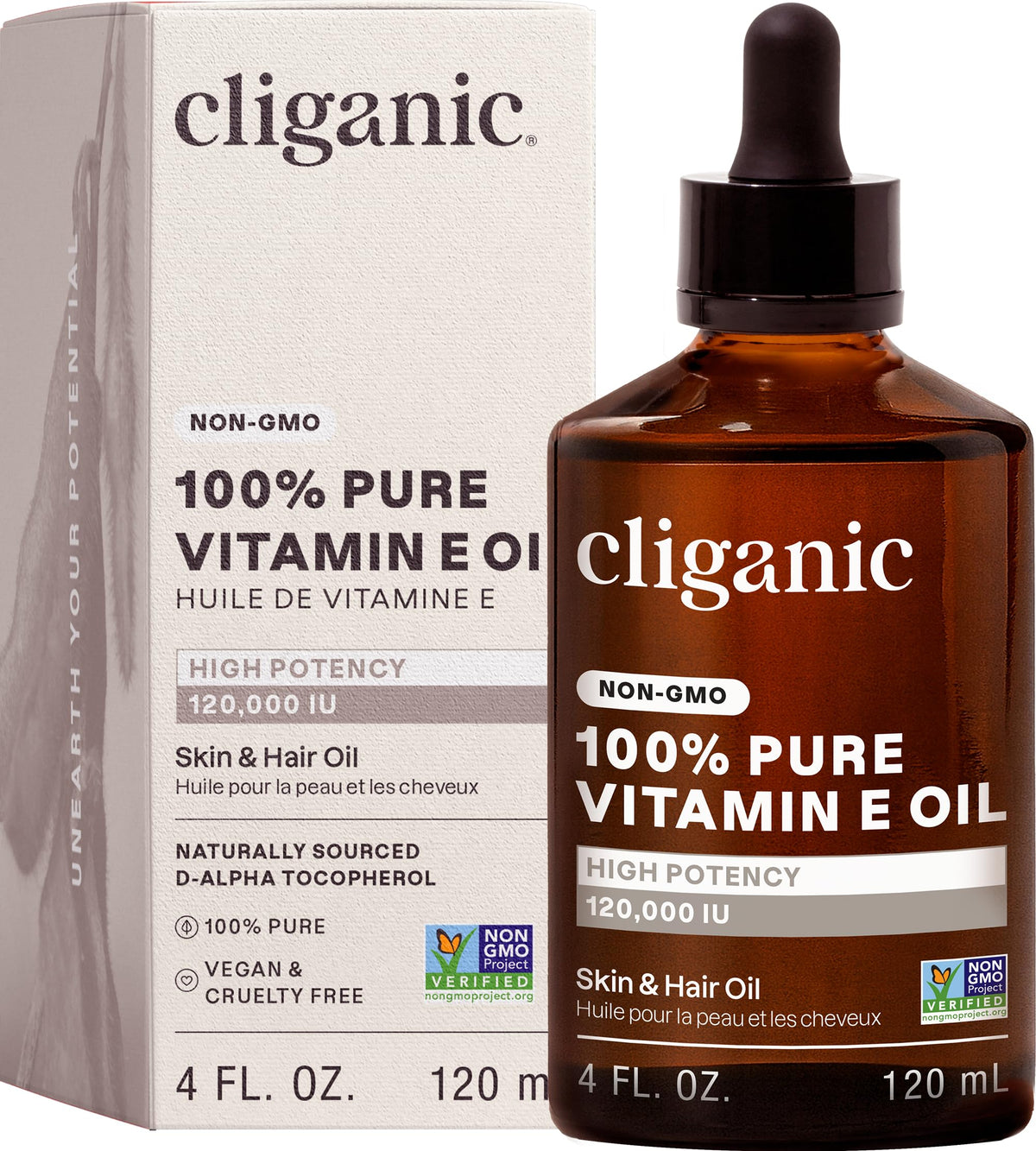 Flacon d'huile de vitamine E Cliganic 120 000 IU vue de face