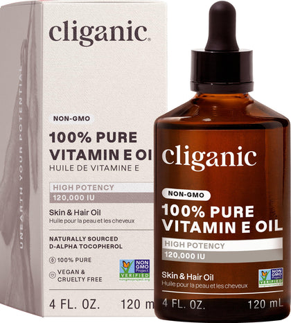 Flacon d'huile de vitamine E Cliganic 120 000 IU vue de face