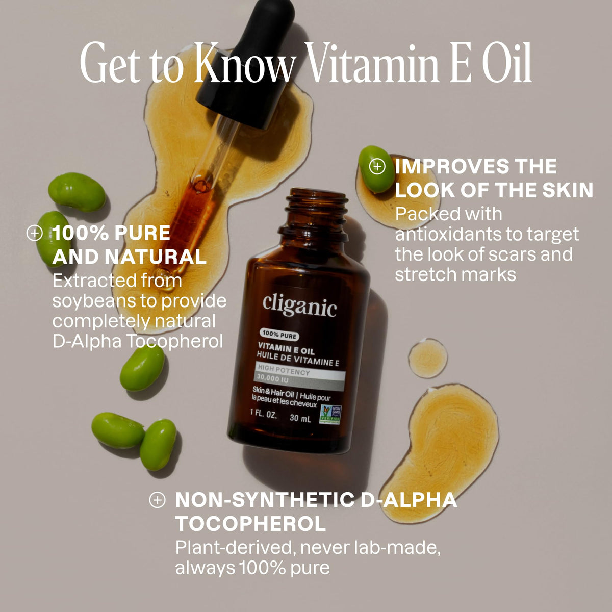 Flacon d'huile de vitamine E Cliganic avec bouchon ouvert